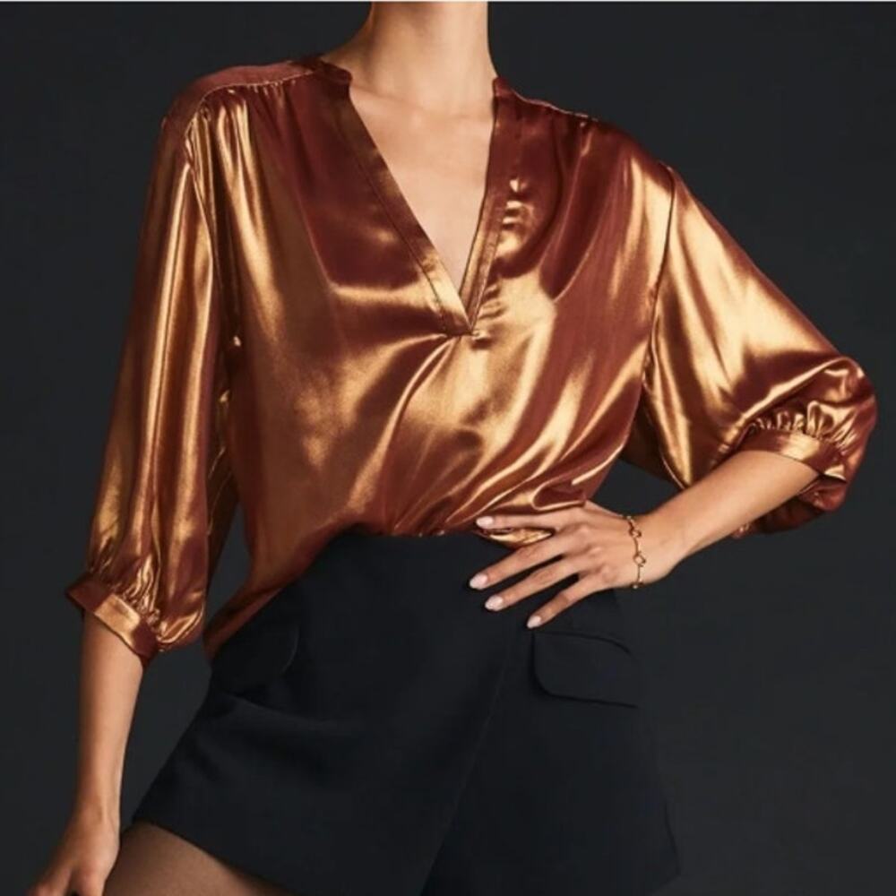 Anthropologie Womens Metallic Foil Top Size S Shiny Going Out Shimmery Evening